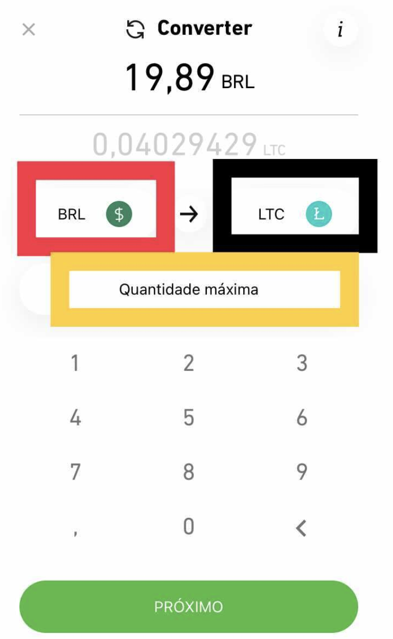 Selecione reais (BRL) à esquerda (moeda que deseja vender, em vermelho na imagem) e litecoin (LTC) à direita (moeda que deseja comprar, em preto na imagem