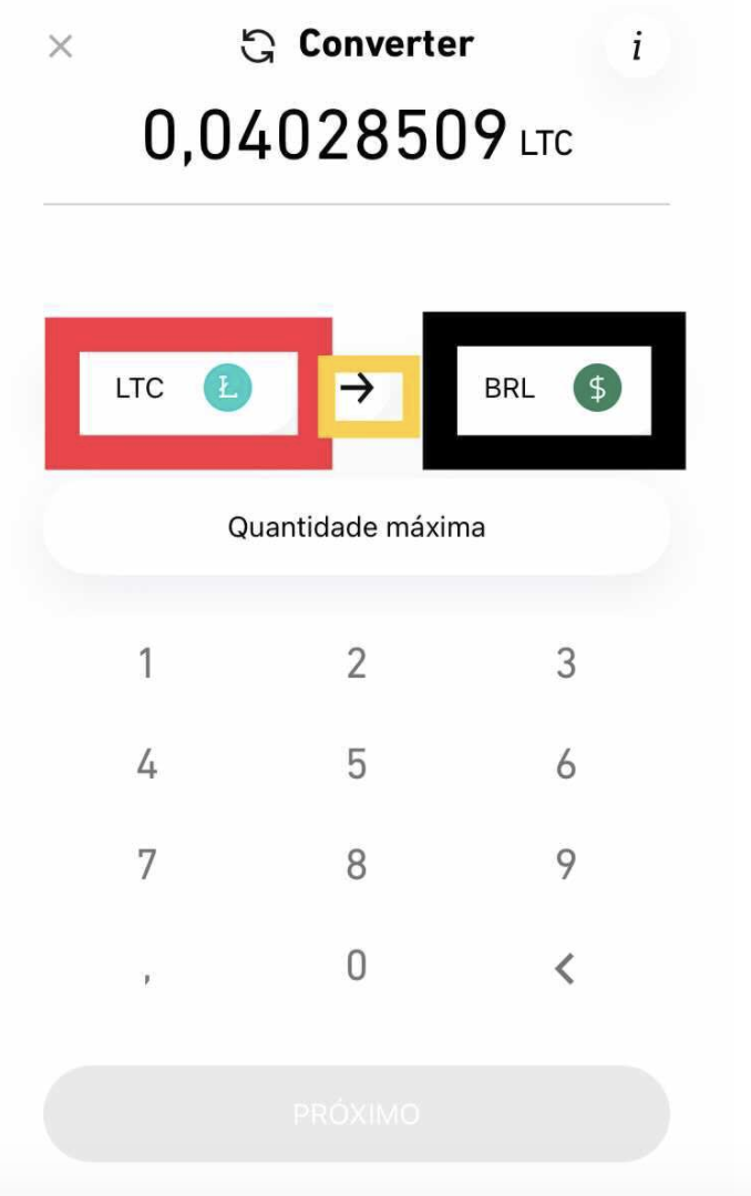 Selecione litecoin (LTC) à esquerda (moeda que deseja vender, em vermelho na imagem) e reais  (BRL) à direita (moeda que deseja comprar, em preto na imagem)